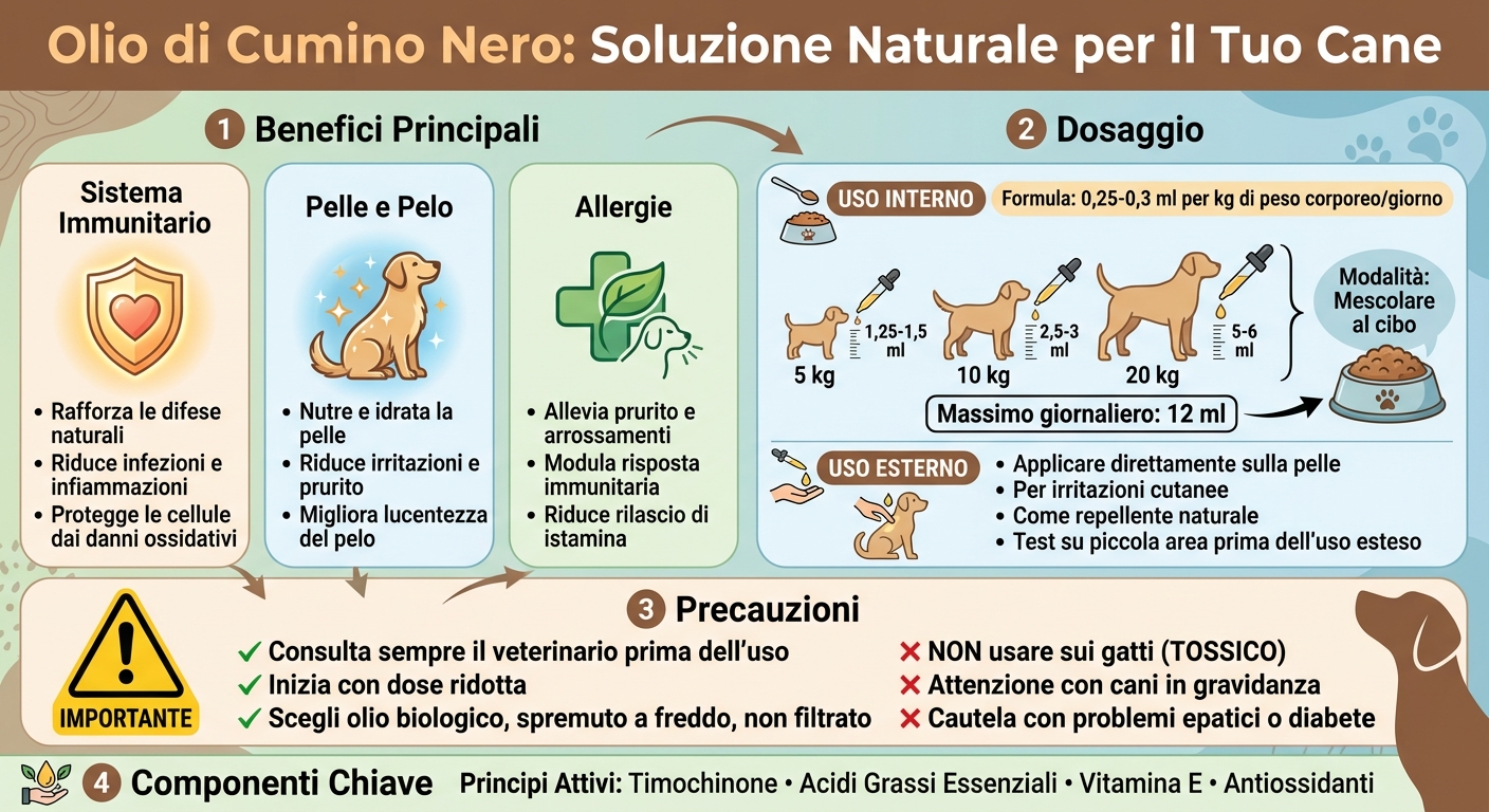 Guida completa all'uso dell'olio di cumino nero per cani: dosaggio e benefici