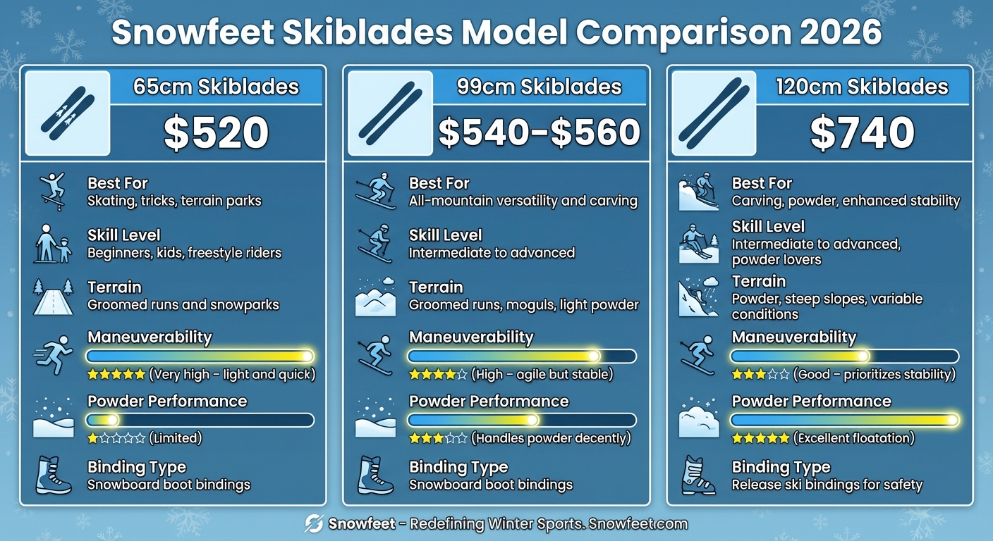 Confronto Modelli Snowfeet Skiblades: Specifiche 65cm vs 99cm vs 120cm