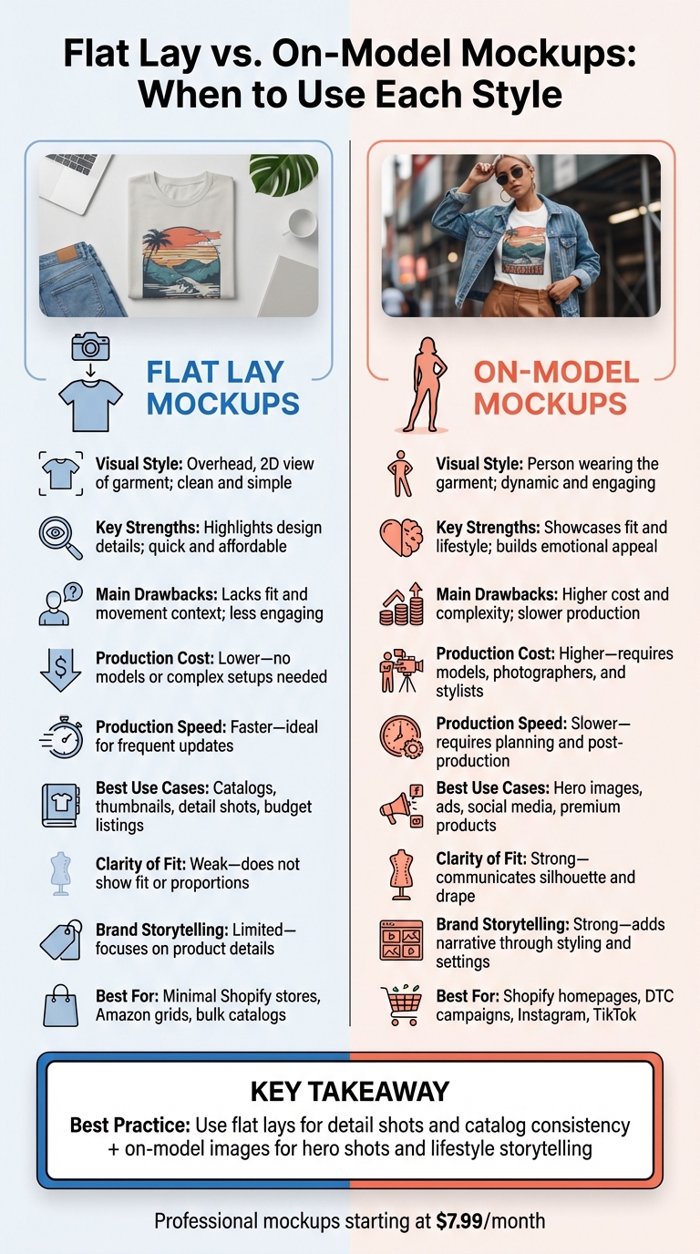 Flat Lay vs On-Model Mockups: Complete Comparison Guide