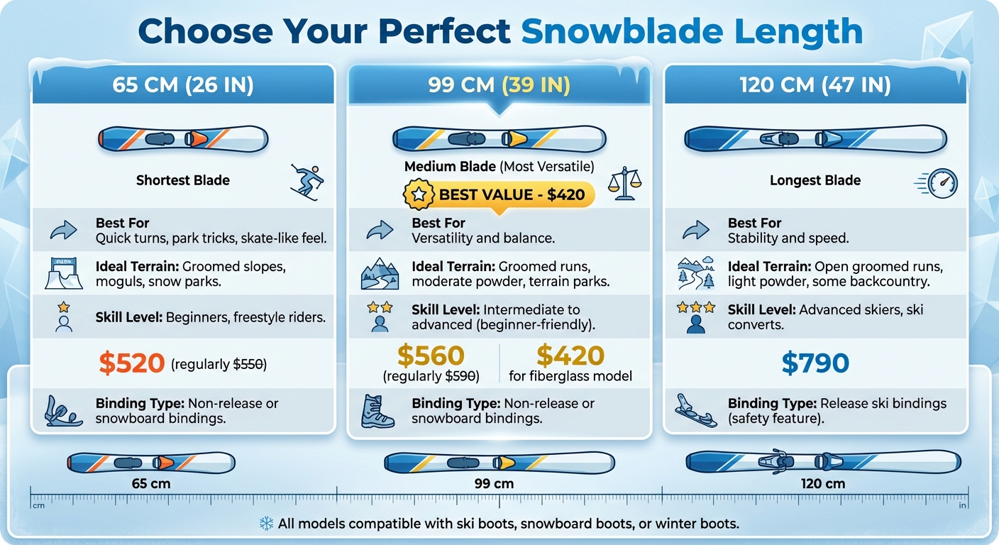 Guida al confronto delle misure degli snowblades: 65cm vs 99cm vs 120cm
