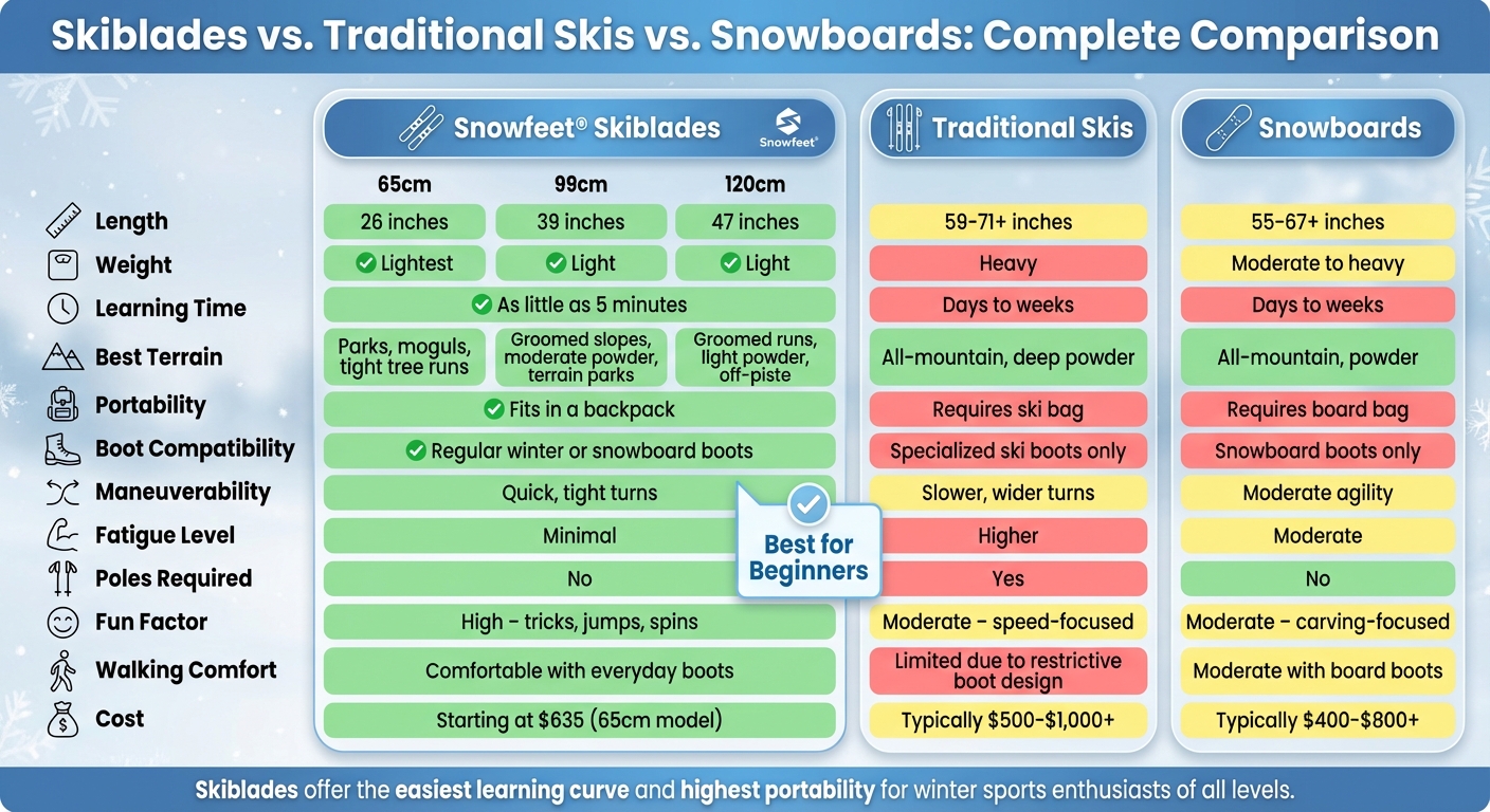 Таблица сравнения Skiblades, традиционных лыж и сноубордов