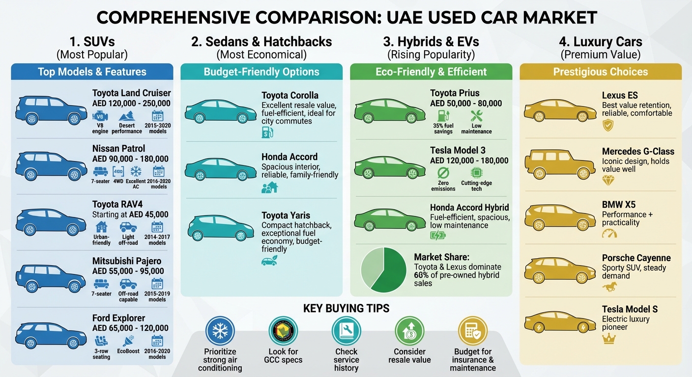 أبرز فئات السيارات المستعملة في الإمارات: مقارنة الأسعار والميزات الأساسية