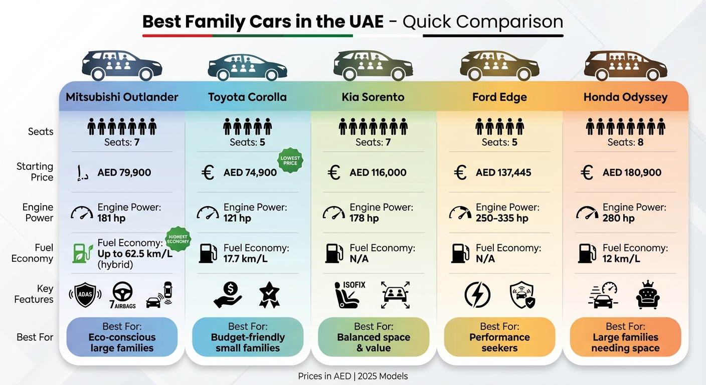 أفضل السيارات العائلية في الإمارات: مقارنة الأسعار والمقاعد والمواصفات 2025