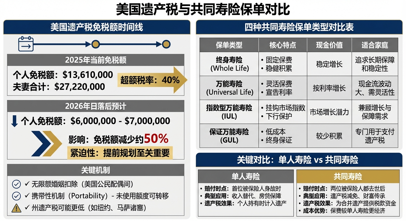 美国遗产税免税额变化与共同寿险保单类型对比