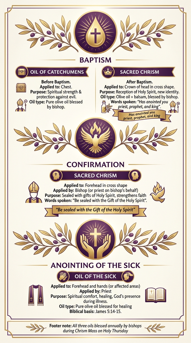 Three Sacred Oils Used in Christian Sacraments: Baptism, Confirmation, and Anointing of the Sick