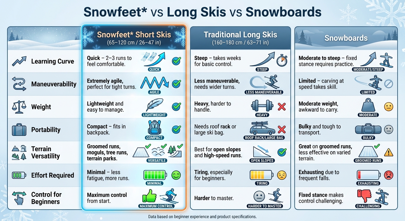 Tableau comparatif Snowfeet Skis Courts vs Skis Longs Traditionnels vs Snowboards