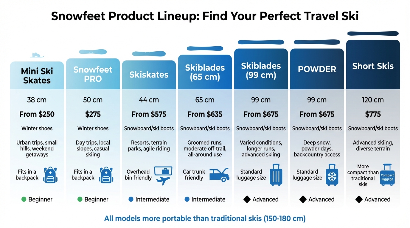 Tableau comparatif des produits Snowfeet Short Ski par longueur, prix et caractéristiques