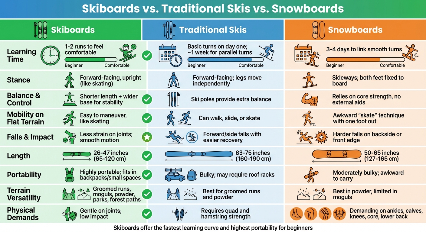 Skiboards vs Skis traditionnels vs Snowboards : Guide complet de comparaison