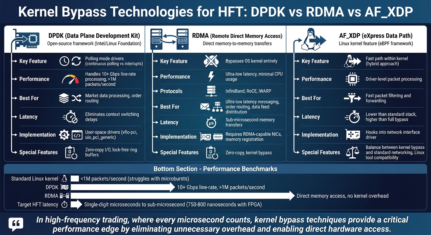 Kernel Bypass Technologies Comparison: DPDK vs RDMA vs AF_XDP for HFT