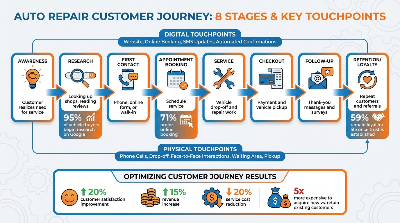 Ultimate Guide To Customer Journey Analytics 8-Stage Auto Repair Customer Journey Map with Key Metrics