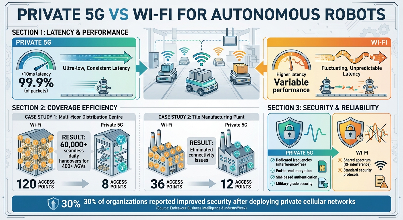 Private 5G vs Wi-Fi for Autonomous Robots: Performance Comparison