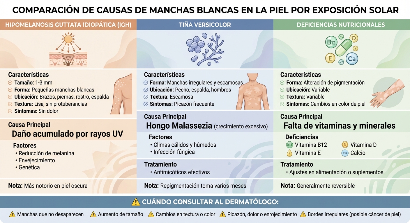 Causas de manchas blancas en la piel: IGH vs Tiña Versicolor vs Deficiencias nutricionales
