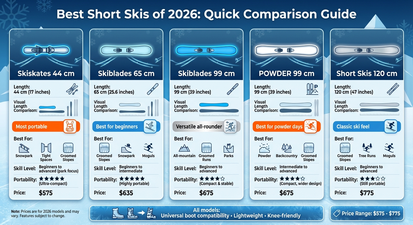 Tableau comparatif des Snowfeet Short Skis 2026 : longueur, terrain, niveau de compétence & prix