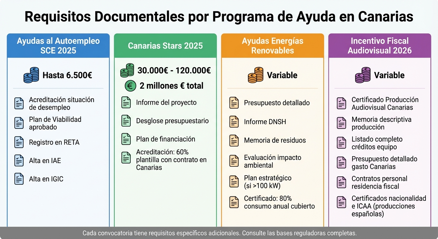 Documentos necesarios para ayudas públicas en Canarias según tipo de programa