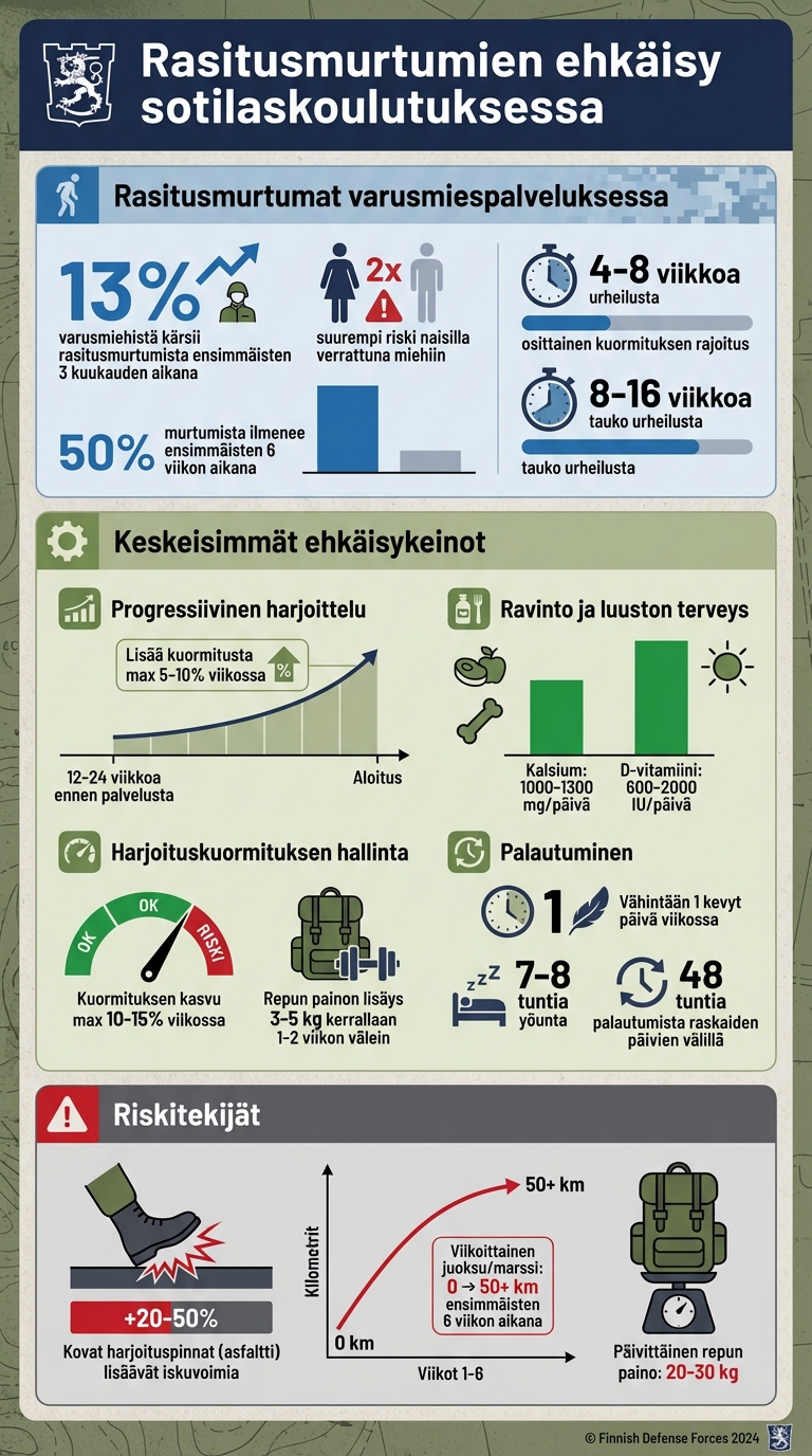 Rasitusmurtumien ehkäisy sotilaskoulutuksessa: Keskeiset tilastot ja toimenpiteet