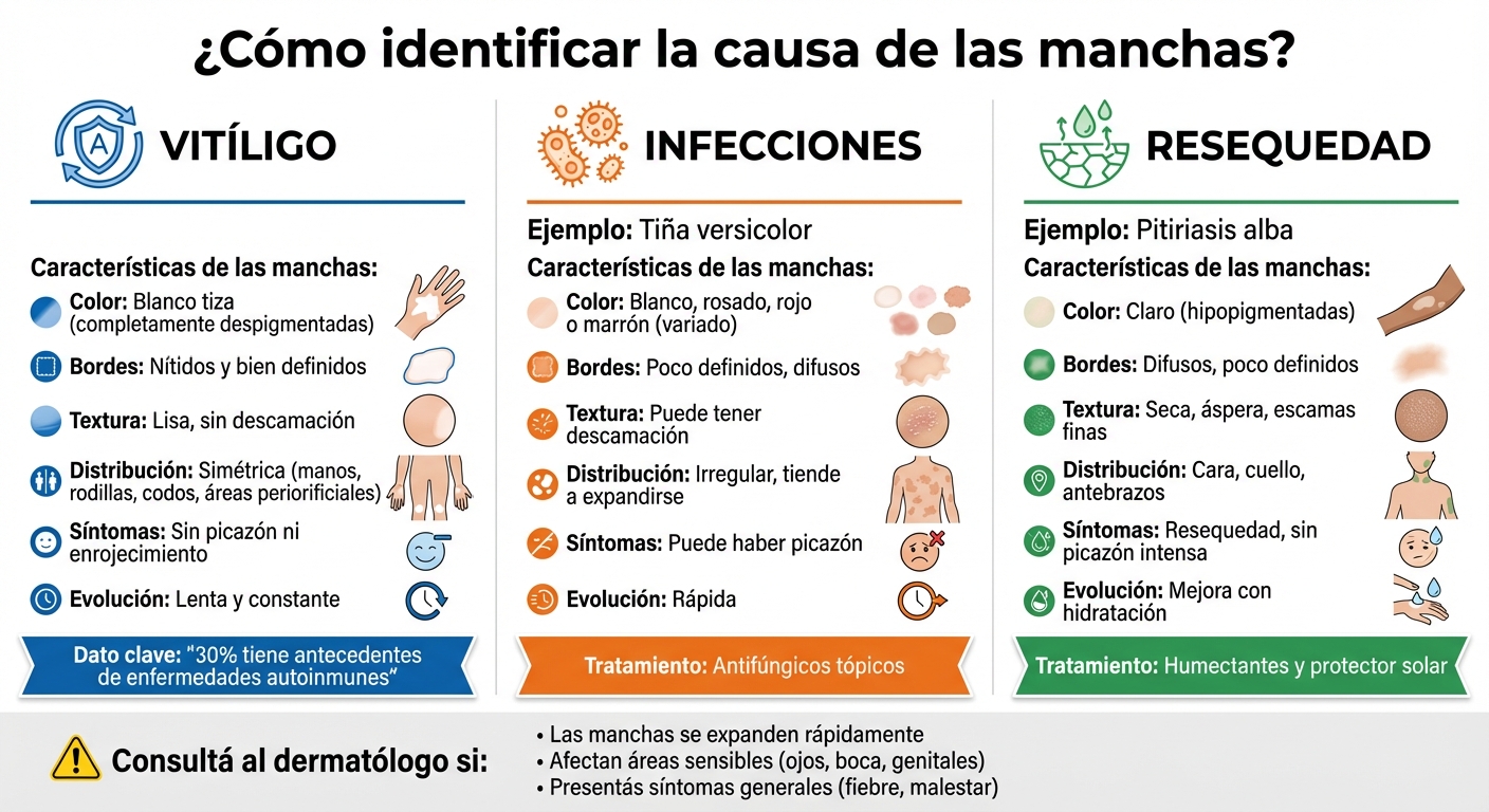 Comparación visual: Vitíligo vs Infecciones vs Resequedad cutánea