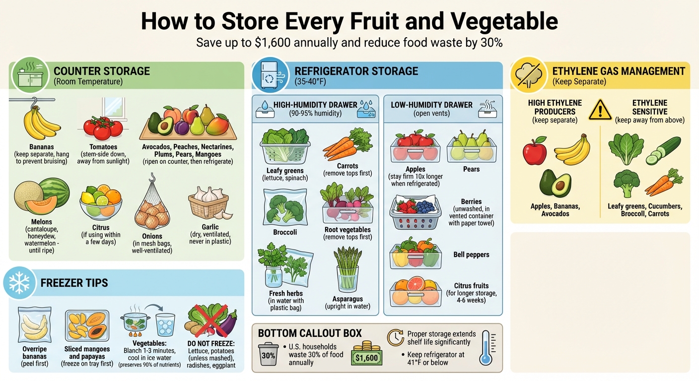 Complete Guide to Storing Fruits and Vegetables: Counter vs Refrigerator Storage Chart