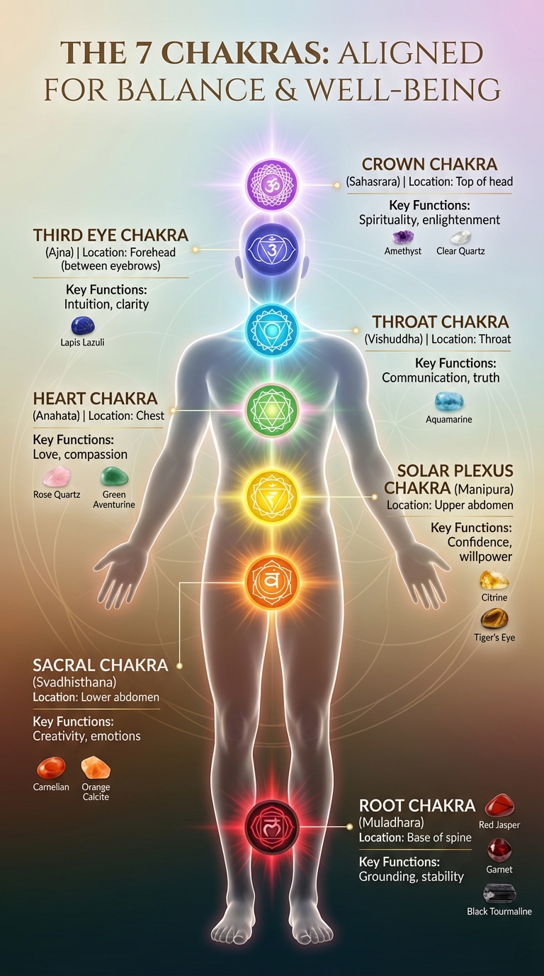 7 Chakras Guide: Locations, Colors, Functions and Healing Stones