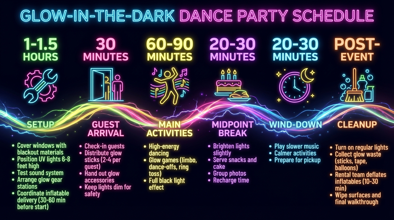 Glow-in-the-Dark Dance Party Timeline: 3.5-4 Hour Event Schedule