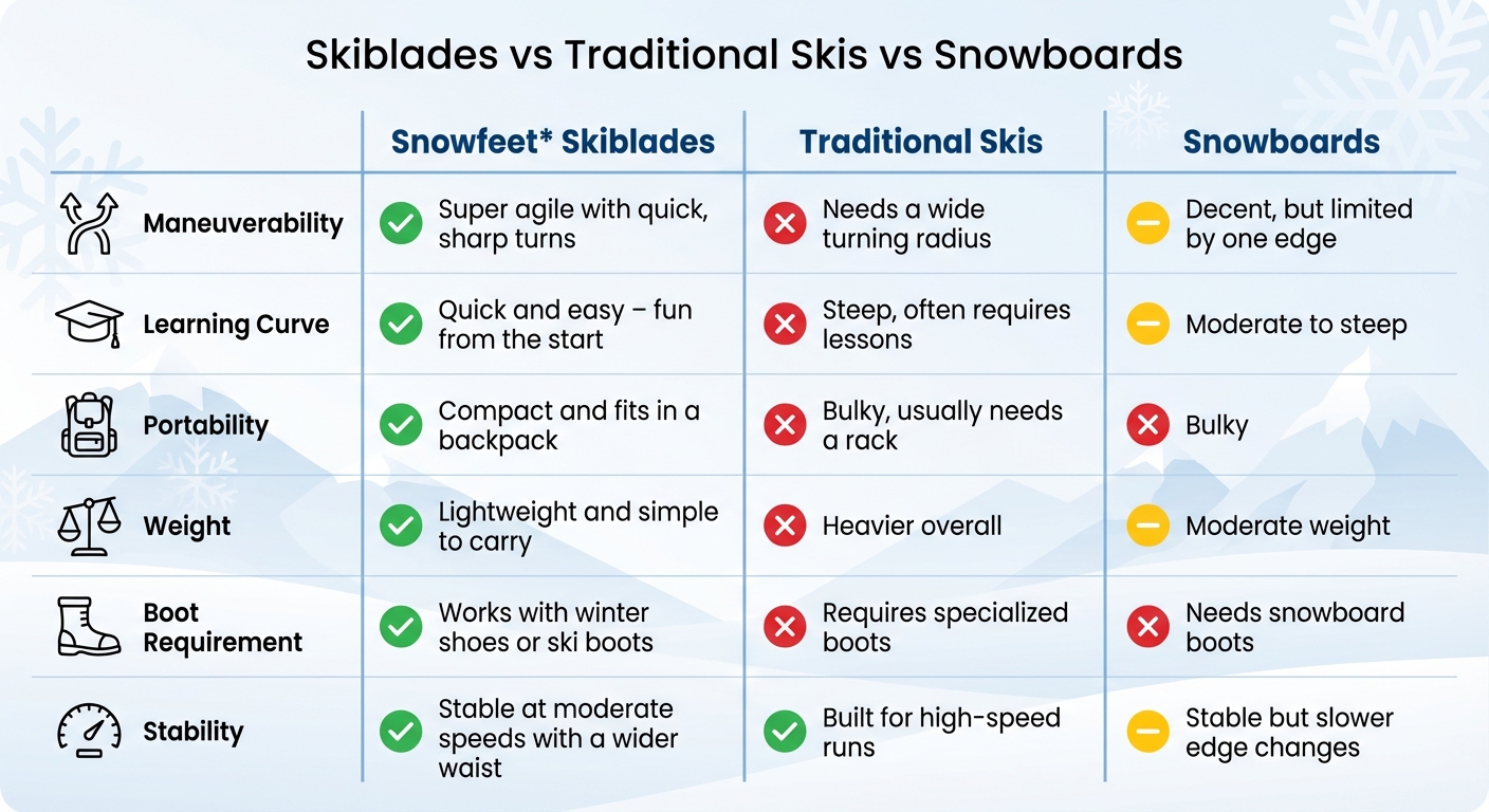 Porovnávací tabulka Skiblades vs tradiční lyže vs snowboardy