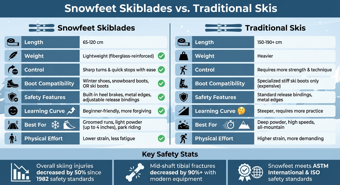 Snowfeet Skiblades vs tradiční lyže: srovnání bezpečnosti a výkonu
