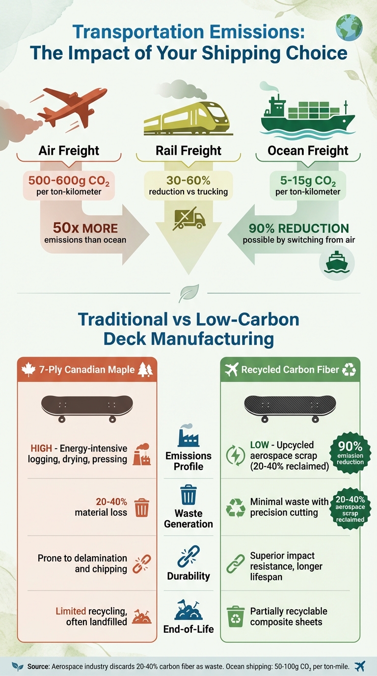 Carbon Emissions Comparison: Air vs Ocean Freight and Traditional vs Low-Carbon Skateboard Decks