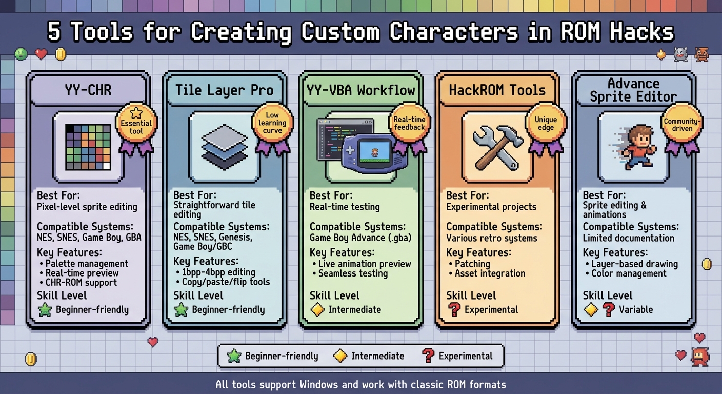5 ROM Hacking Tools for Custom Character Creation Comparison Chart