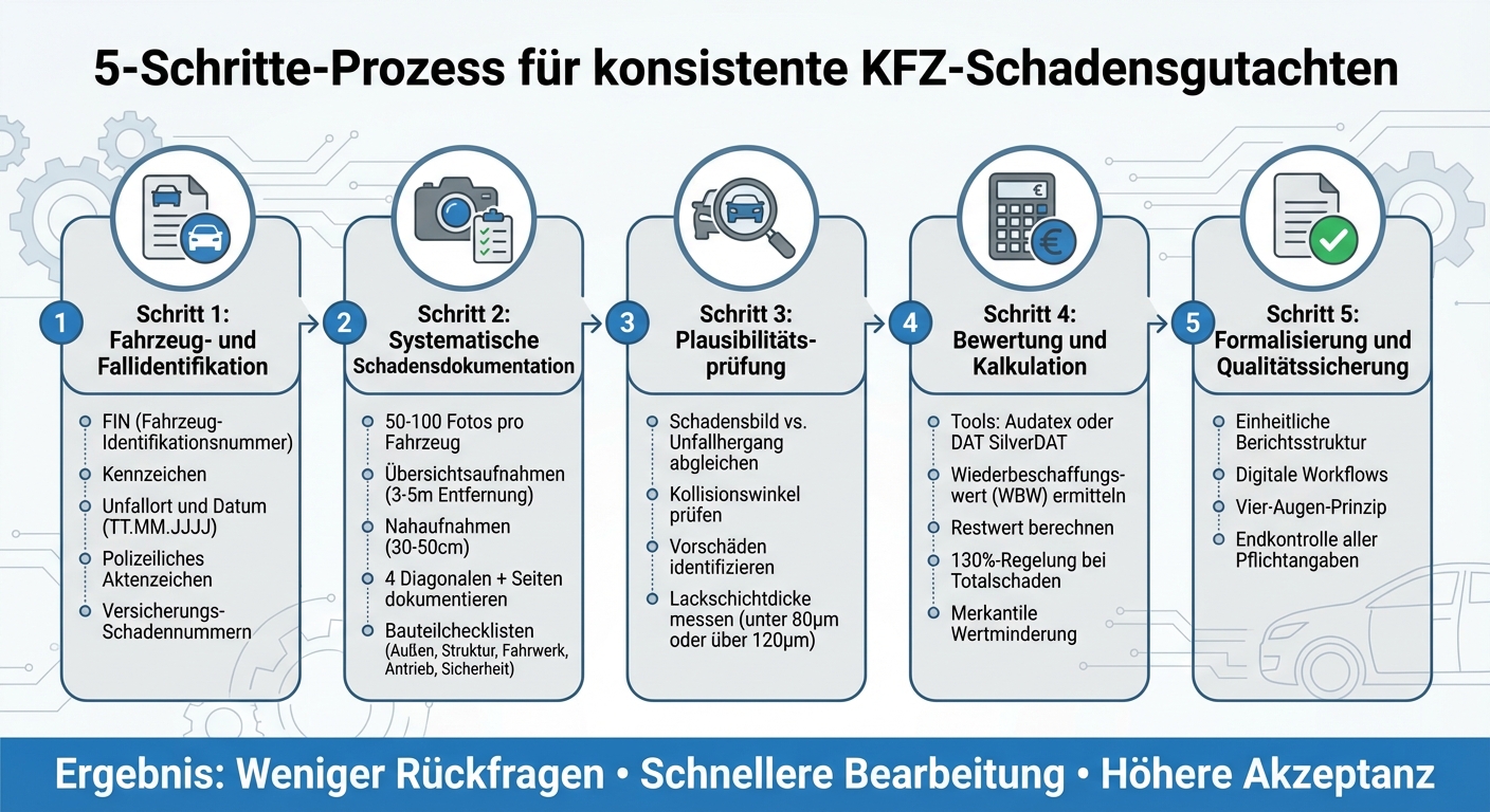 5-Schritte-Prozess für konsistente KFZ-Schadensgutachten