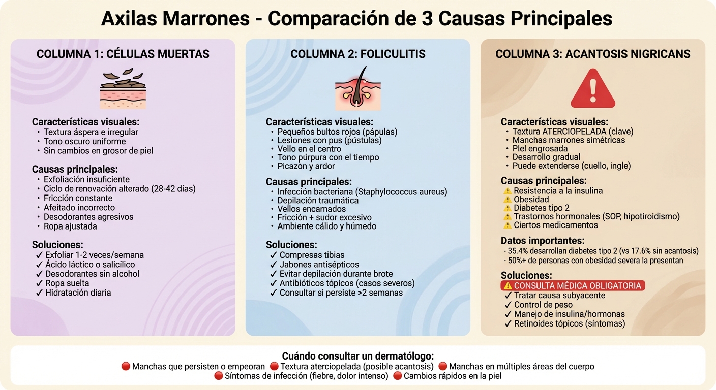 Comparación de causas de axilas oscuras: células muertas, foliculitis y acantosis nigricans
