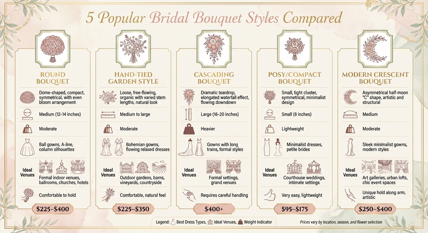 Bridal Bouquet Styles Comparison Chart: Shape, Size, Dress Pairing and Venue Guide