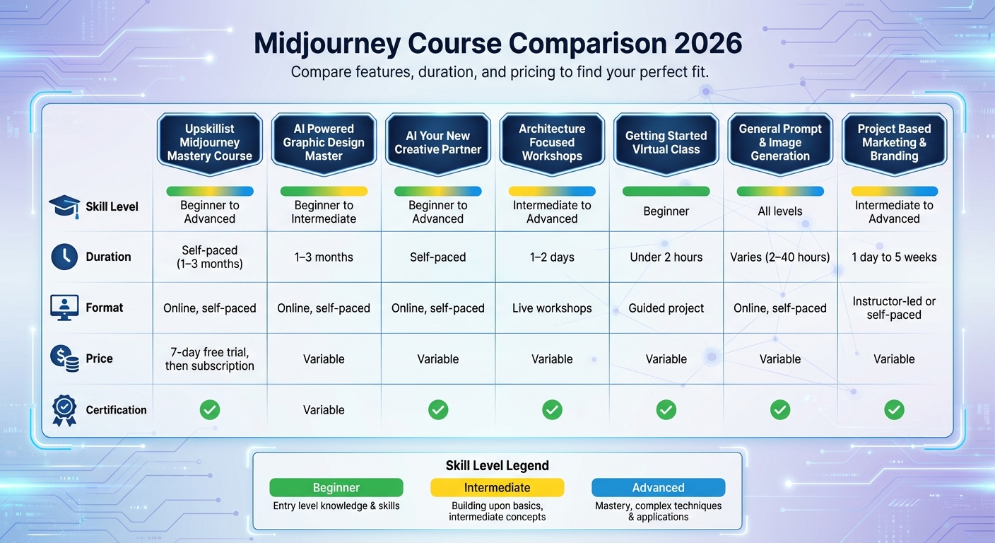 Midjourney Online Courses Comparison 2026: Duration, Price, and Skill Level