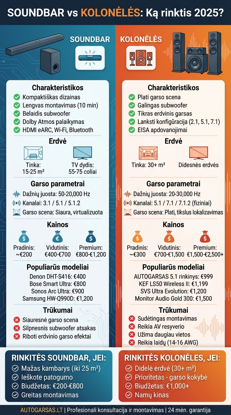 Soundbar vs Kolonėlės palyginimas: funkcijos, kainos ir erdvės reikalavimai 2025