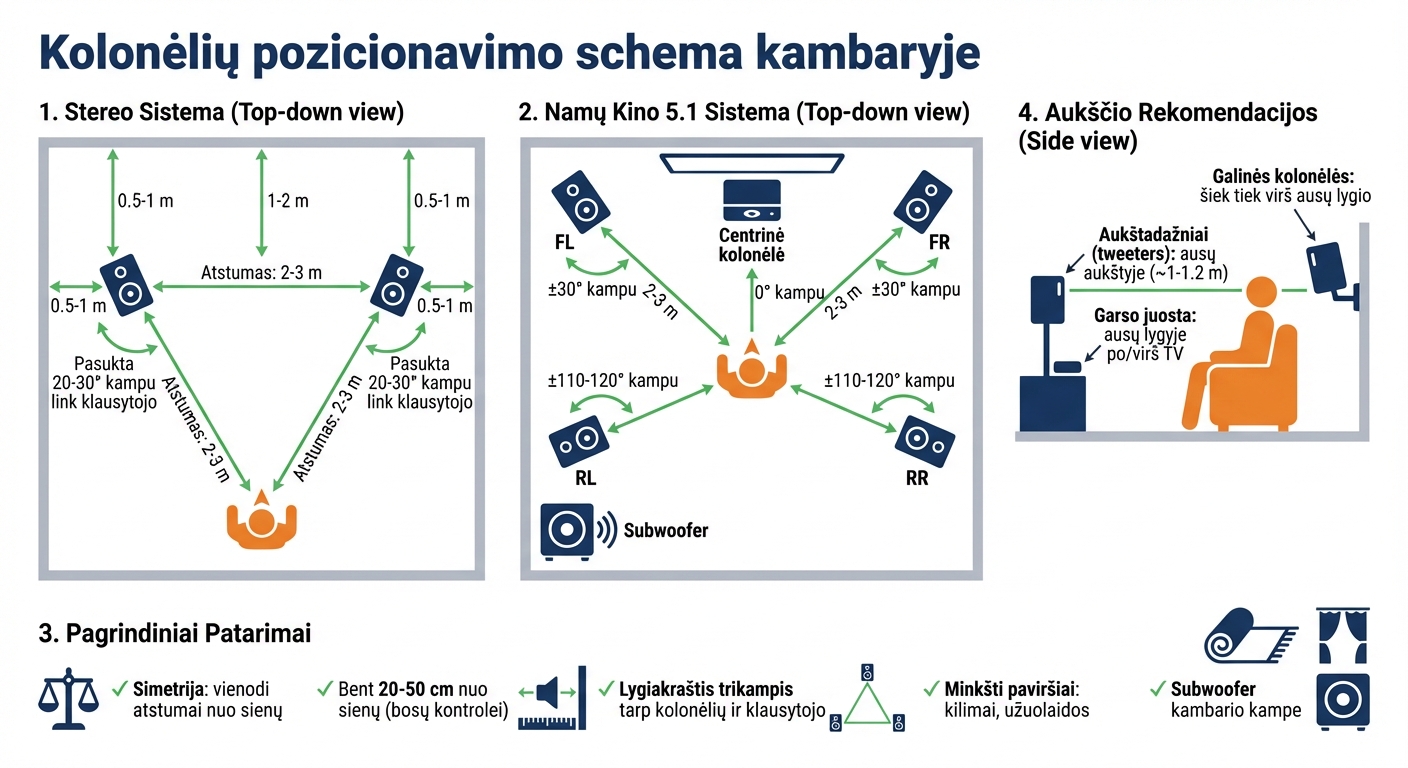 Kolonėlių pozicionavimo schema: optimalūs atstumai ir kampai