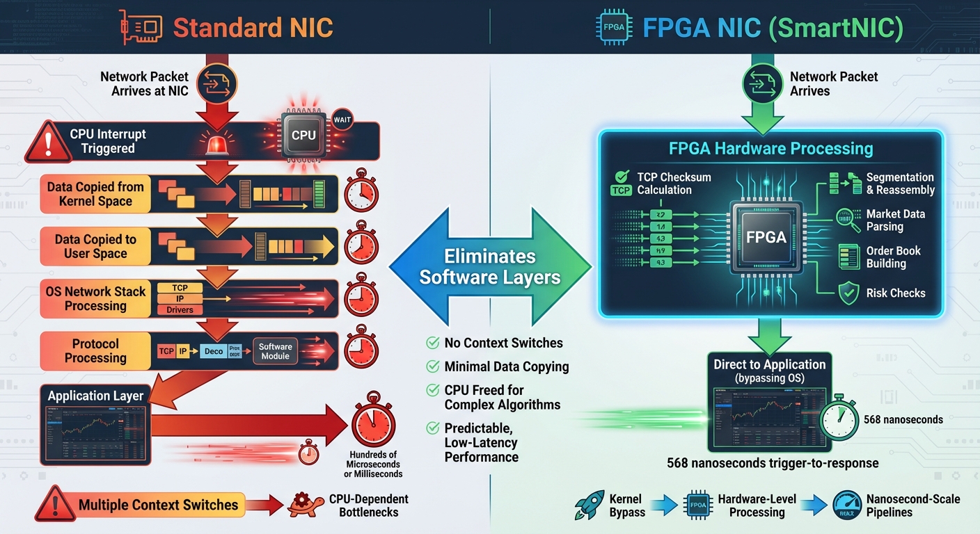 Standard NIC vs FPGA NIC Data Processing Path Comparison
