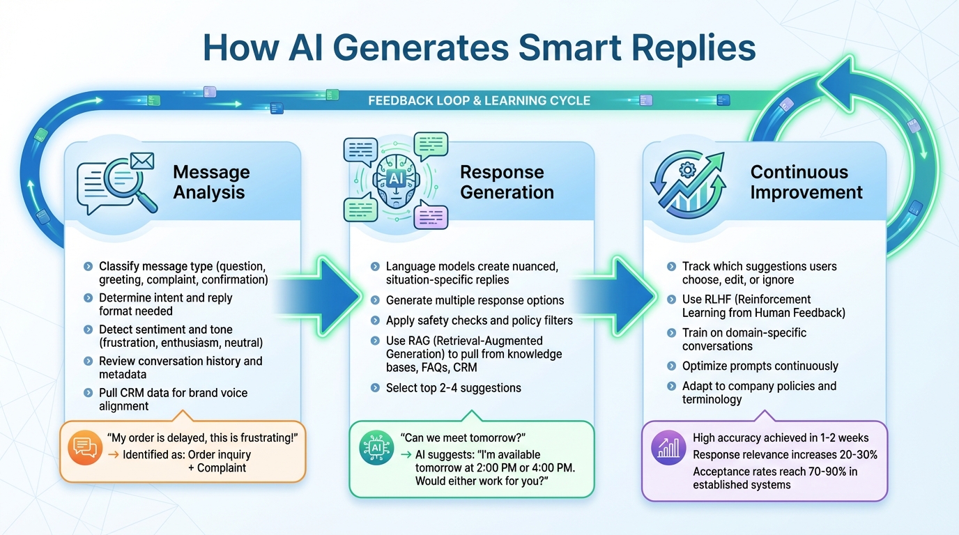 How AI Generates Smart Replies: 3-Step Process from Message Analysis to Continuous Learning