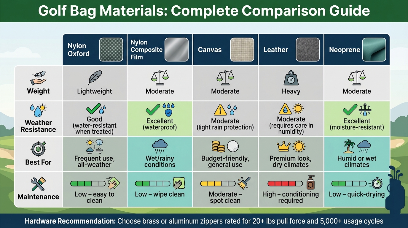 Golf Bag Materials Comparison: Weight, Weather Resistance, and Maintenance Guide