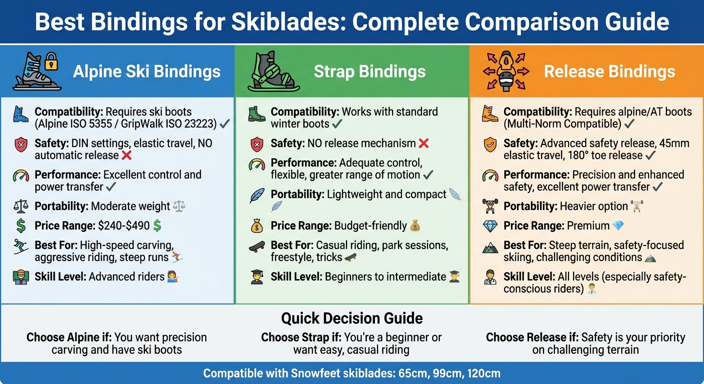 Porównanie wiązań do skiblades: alpejskie vs paskowe vs wypinane
