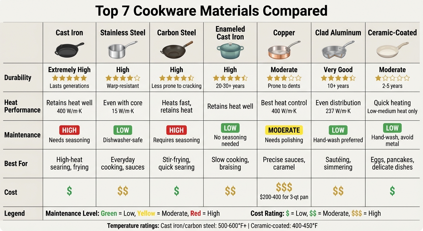 Cookware Materials Comparison: Durability, Heat Performance, Maintenance & Cost