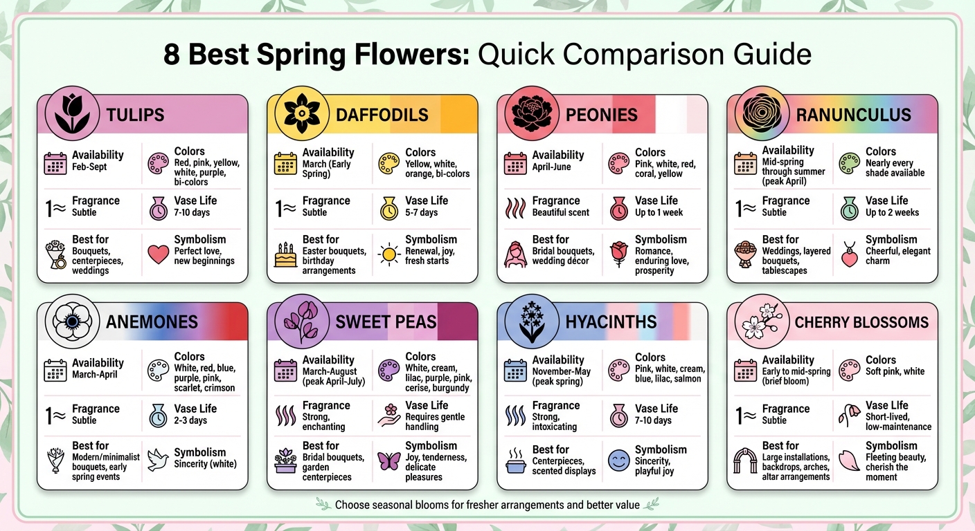 Spring Flowers Comparison Guide: Availability, Colors, and Best Uses