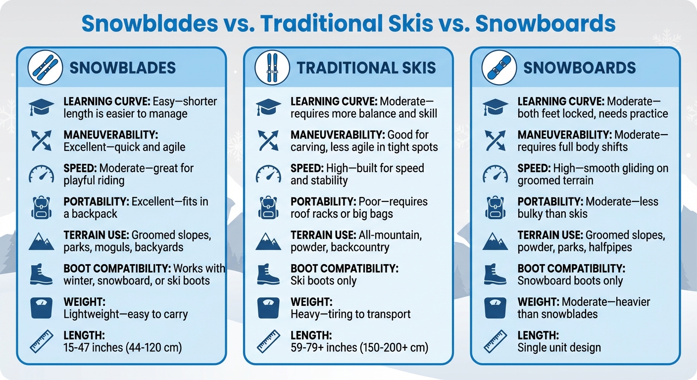 Porovnávací tabulka snowblades vs tradiční lyže vs snowboardy