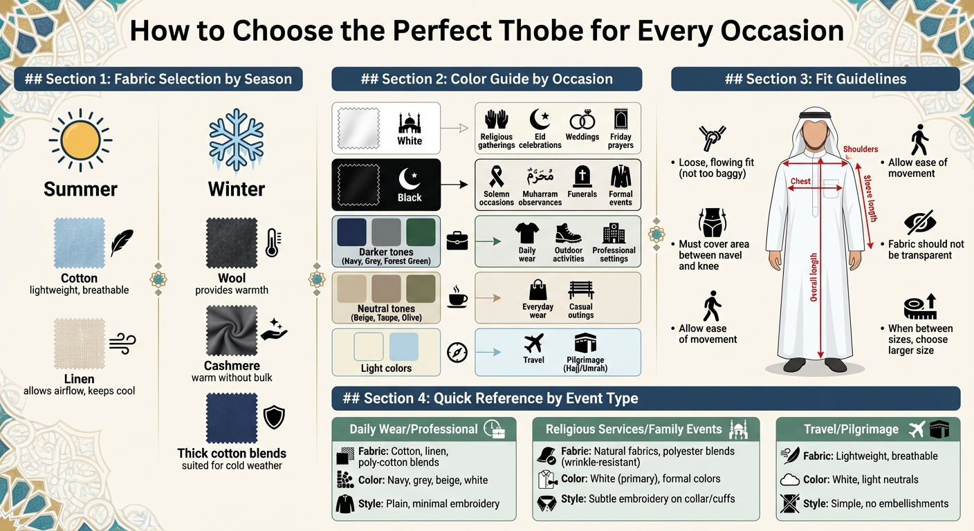 دليل شامل لاختيار الثوب المناسب: القماش واللون والمقاس حسب المناسبة