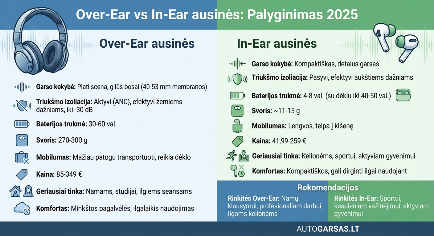 Over-Ear vs In-Ear ausinių palyginimas 2025: pagrindiniai skirtumai
