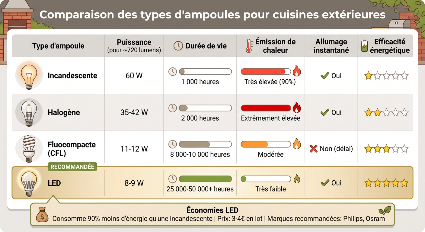 Comparaison des types d'ampoules pour éclairage extérieur de cuisine