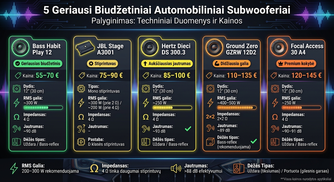 5 Biudžetinių Automobilinių Subwooferių Palyginimas: Techniniai Duomenys ir Kainos