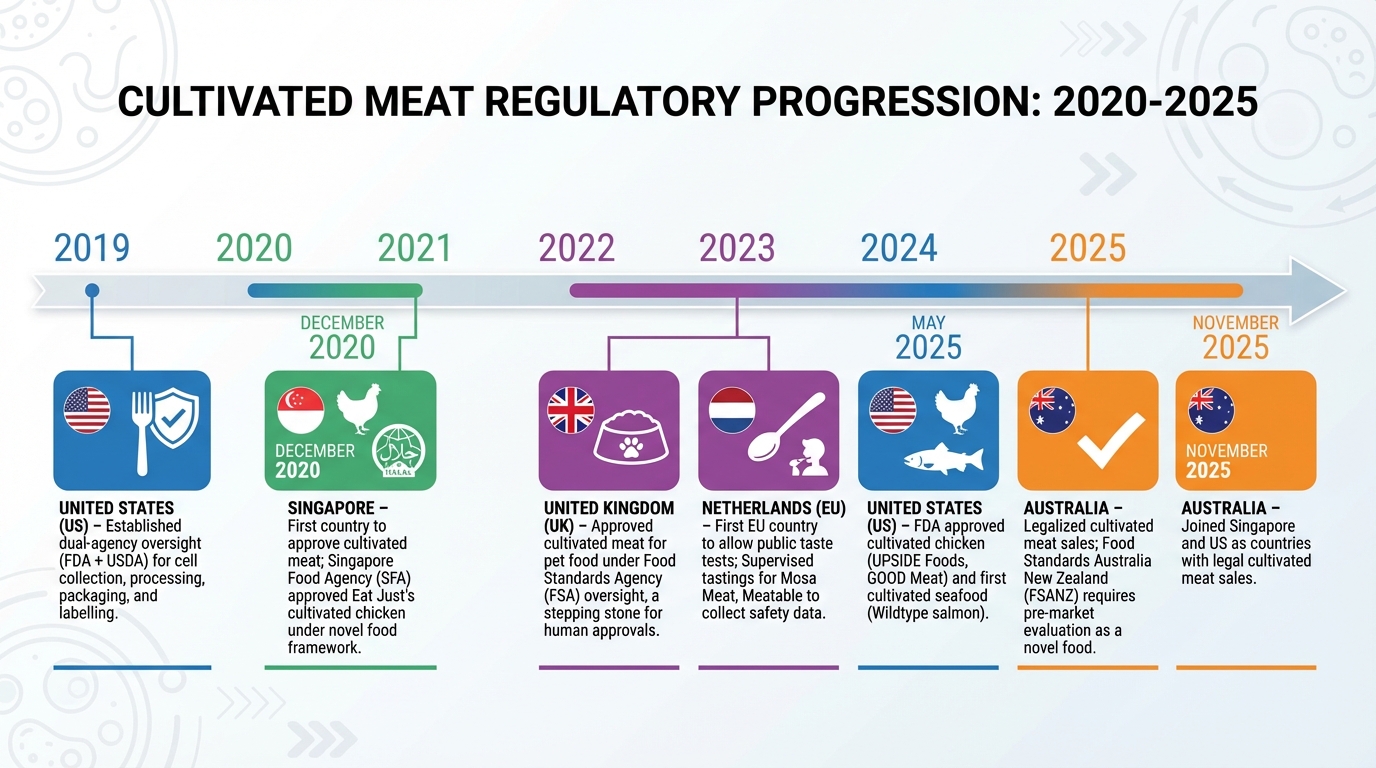 Global Cultivated Meat Regulatory Approvals Timeline 2020-2025