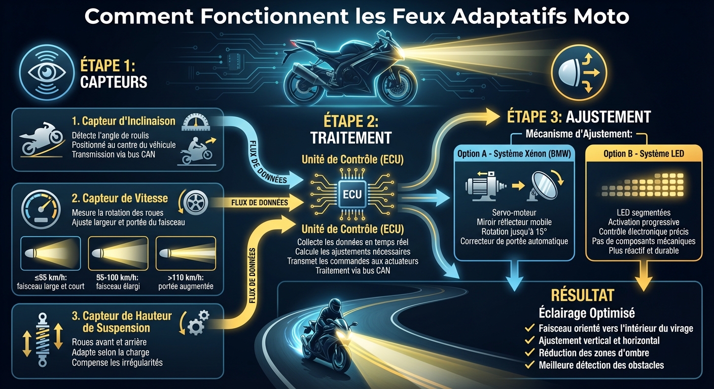 Fonctionnement des feux adaptatifs moto : capteurs, traitement et ajustement lumineux