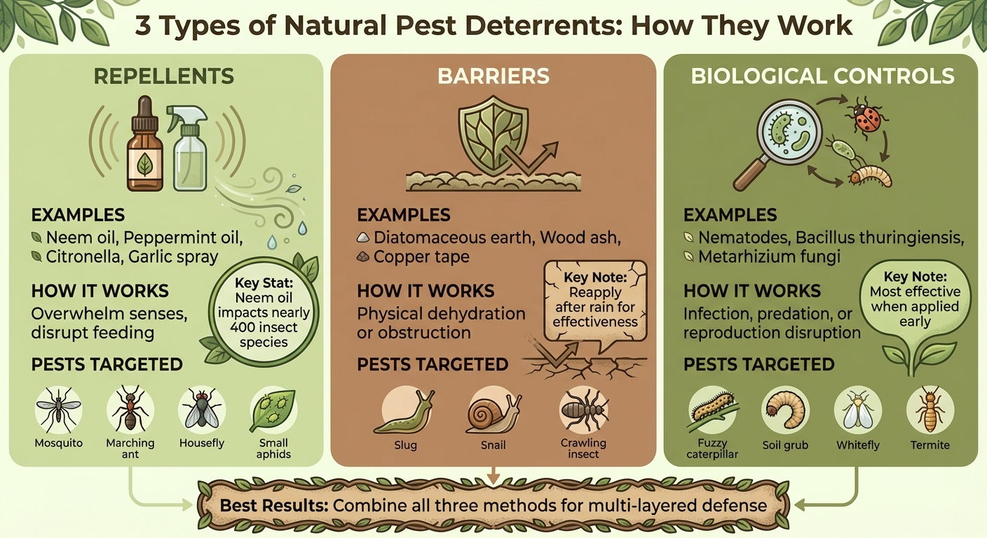 Natural Pest Deterrent Types: Repellents, Barriers, and Biological Controls Comparison