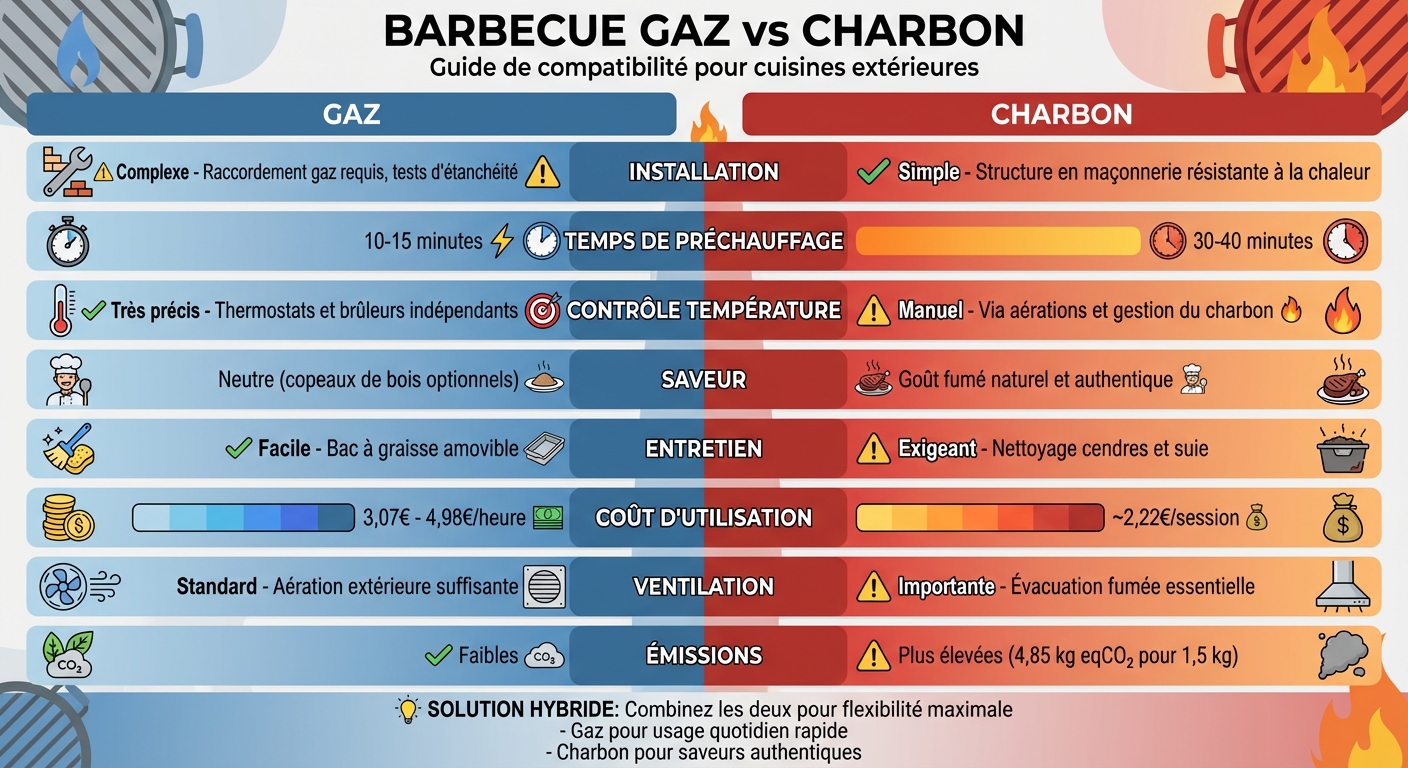 Comparaison barbecue gaz vs charbon : installation, coûts et performances