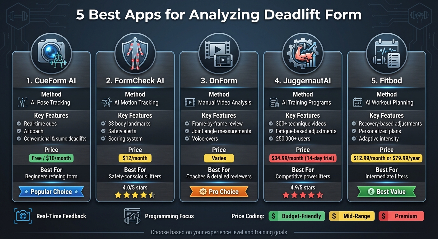 Comparison of 5 Best Deadlift Form Analysis Apps: Features, Pricing, and Best Users