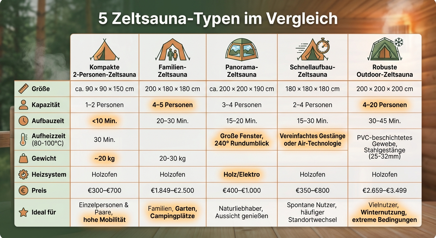 Zeltsauna Vergleich: 5 Typen mit Größe, Kapazität, Aufbauzeit und Preis